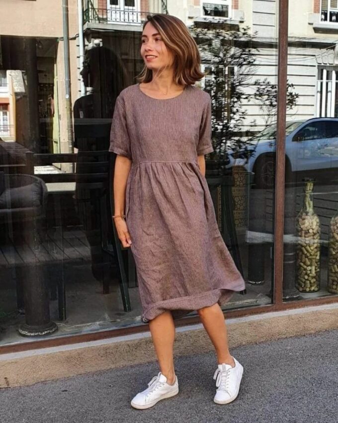 Robe lin rayé rosé choco